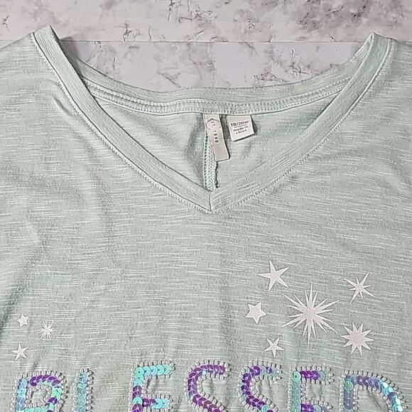 Womens Sz 18/20 Mint Green Pearls Stars Sequins Blessed Decorative V-Neck Top - Picture 5 of 12